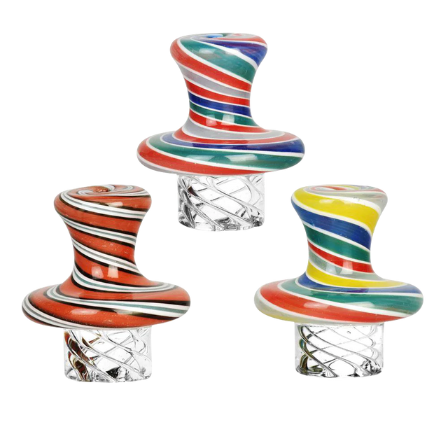 Candy Swirl Vortex Carb Caps in various colors with heavy wall borosilicate glass