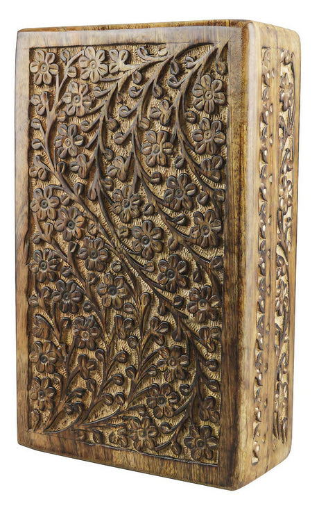 Medium-sized Floral Carved Wood Stash Box with detailed craftsmanship, front angle view