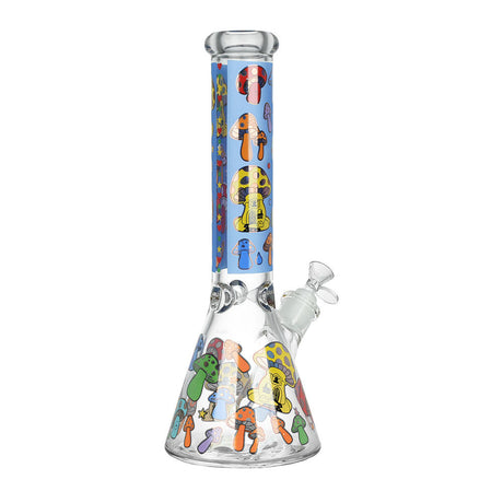 Forever Fungi Beaker Water Pipe with colorful mushroom design, front view on white background