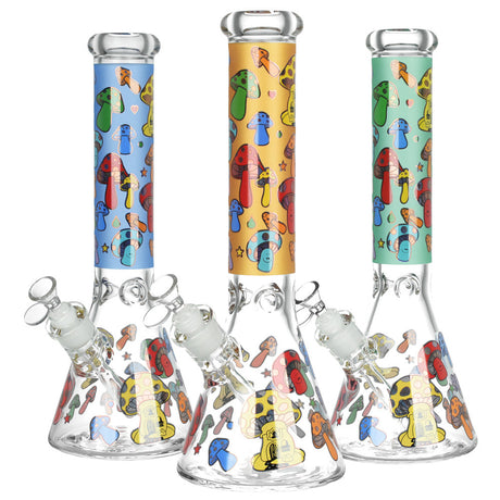 Forever Fungi Beaker Water Pipes with colorful mushroom designs, made from borosilicate glass