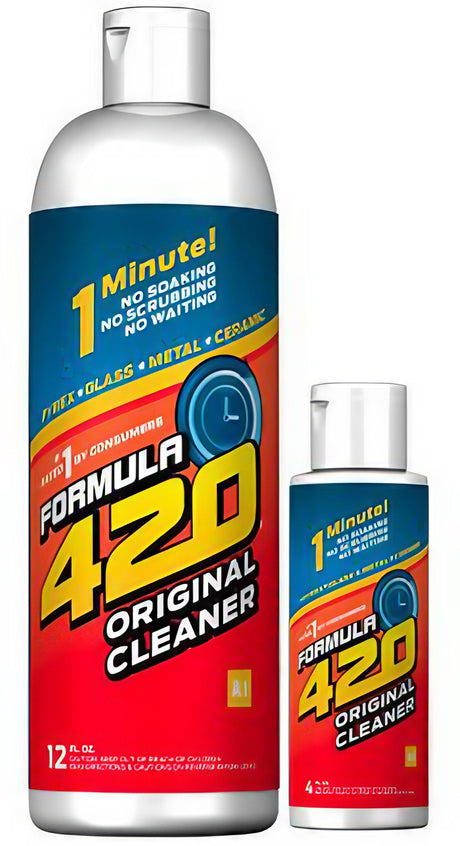 Formula 420 Cleaner 12oz bottle front view with 4oz bottle, for glass/ceramic/metal bongs and pipes