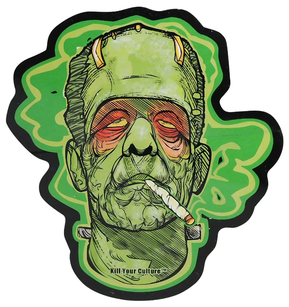 Frankenstoned vinyl sticker featuring a green Frankenstein with a joint, 4.65" x 5" size