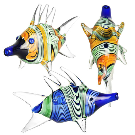 Freaky Fish Hand Pipe in assorted colors, 5.25" borosilicate glass, novelty design, front view