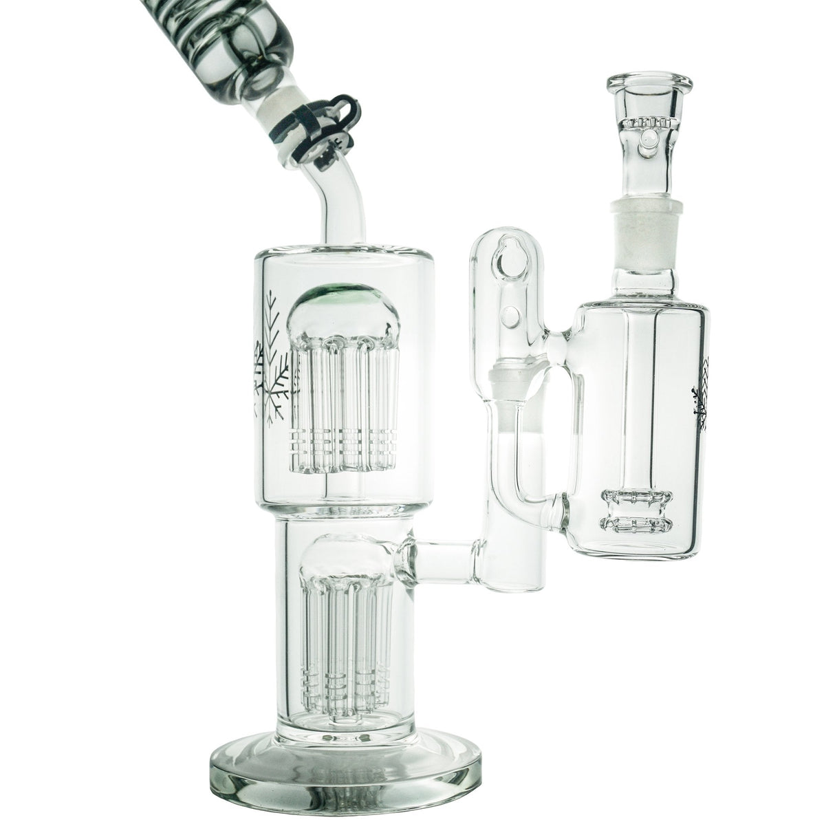 Freeze Pipe Ash Catcher for bongs, clear glass, 14mm & 18mm joint sizes, side view on white background