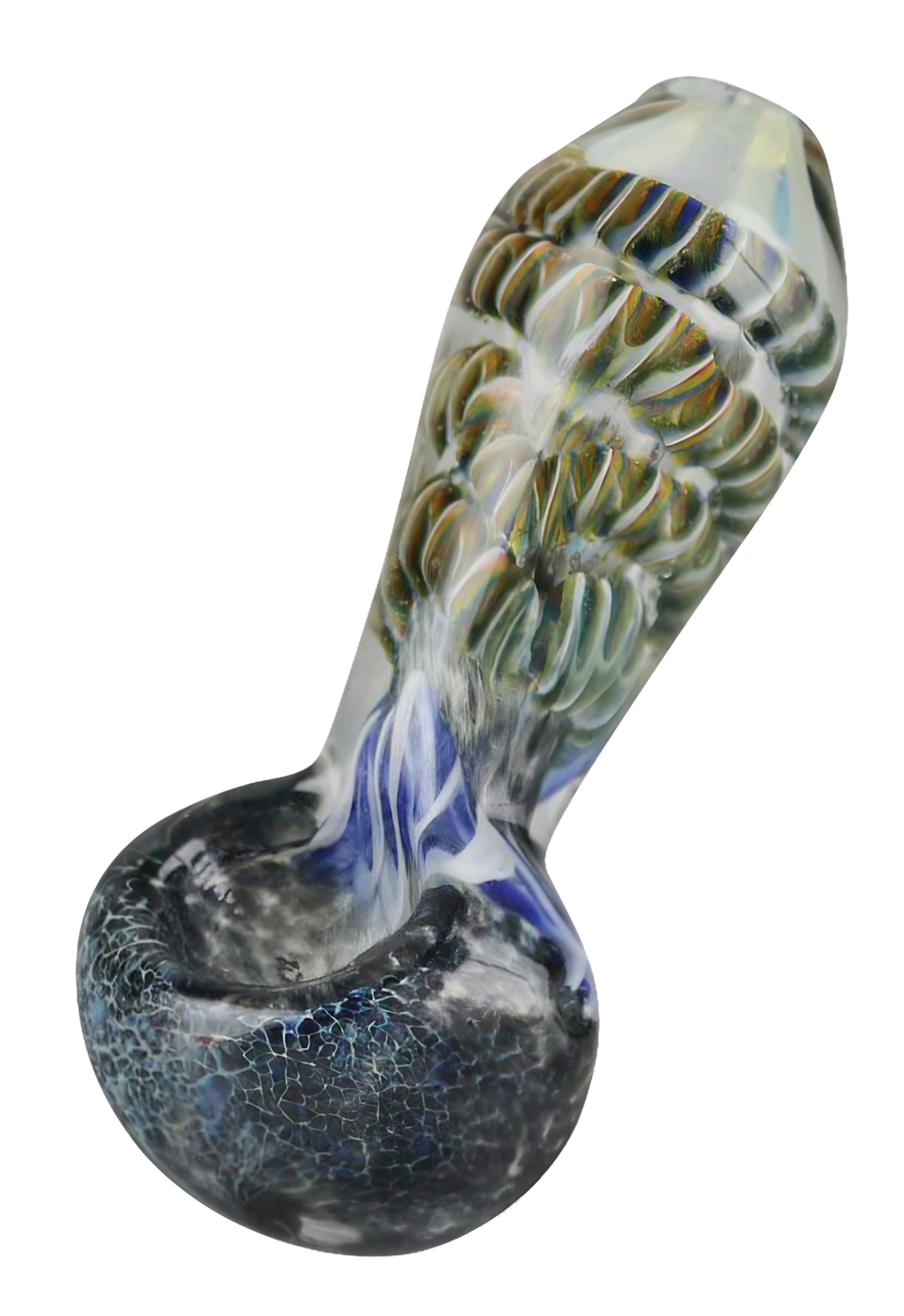Borosilicate glass spoon hand pipe with frit and cord design, 3.25" length, for dry herbs
