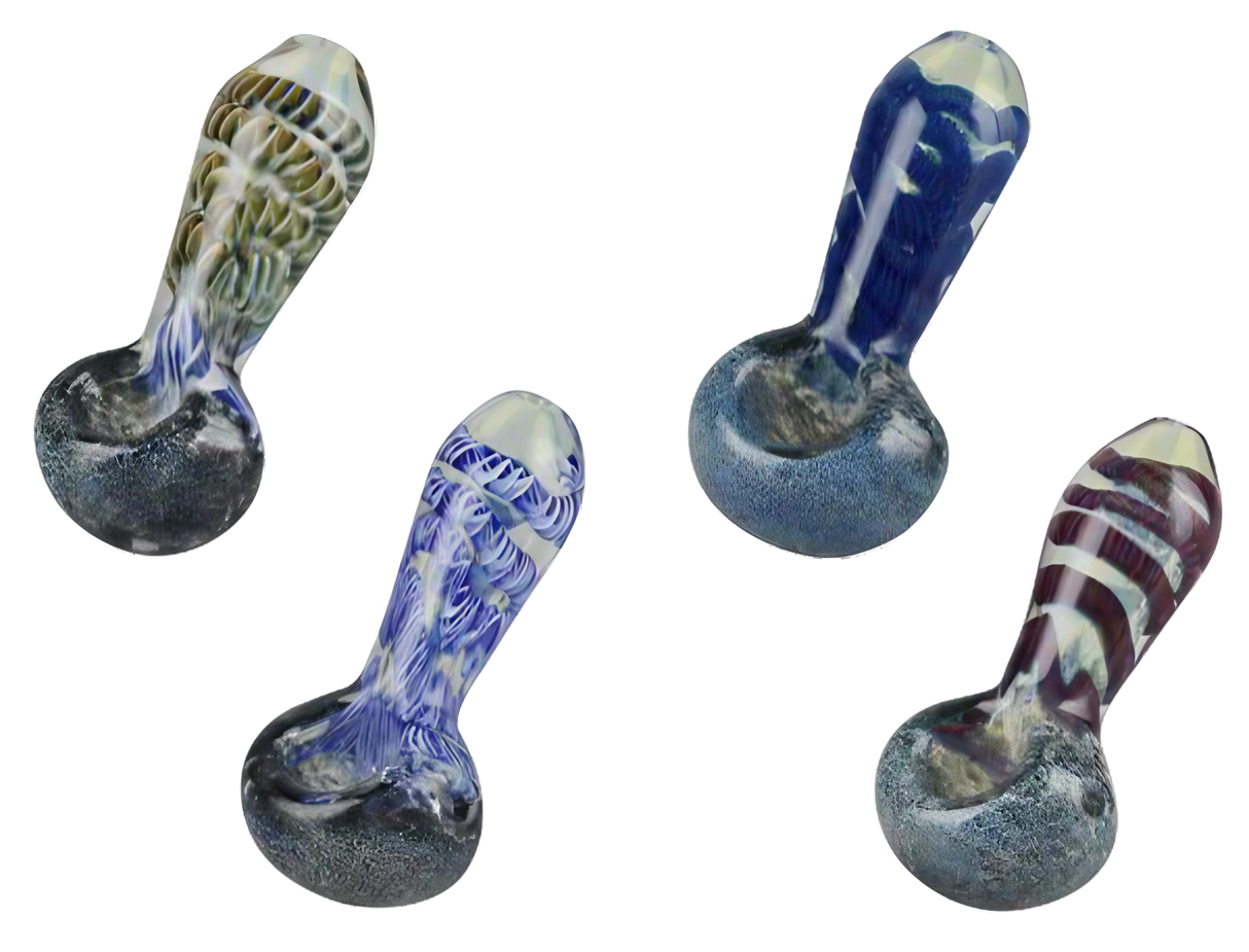 Assorted Frit & Cord Worked Spoon Hand Pipes, Borosilicate Glass, 3.25" Length, Angled View