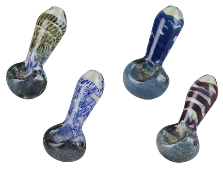 Assorted Frit & Cord Worked Spoon Hand Pipes, Borosilicate Glass, 3.25" Length, Angled View