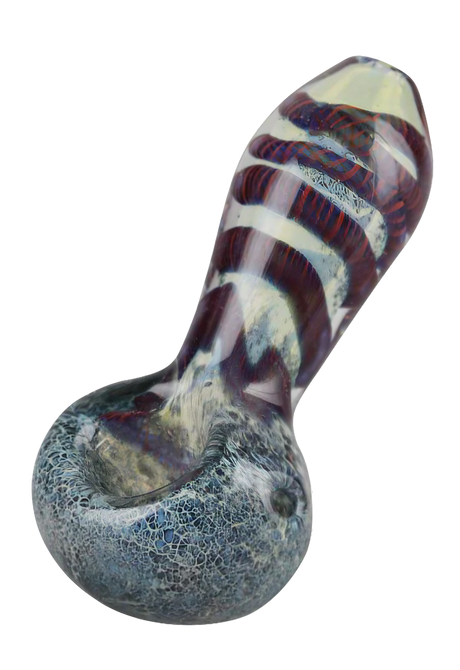 Colorful frit and cord worked borosilicate glass spoon hand pipe, 3.25" for dry herbs, side view