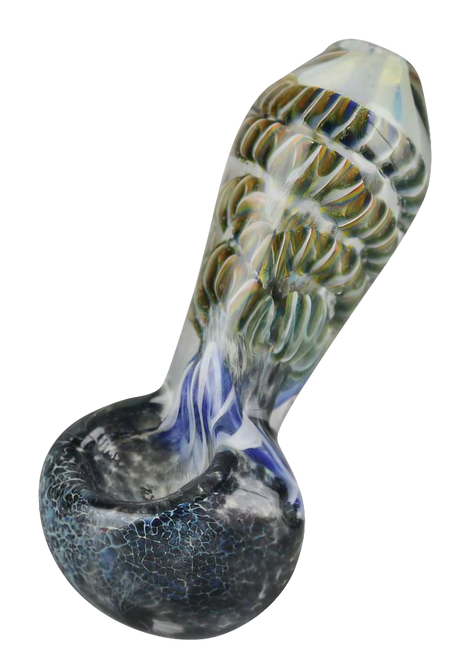 Frit & Cord Worked Borosilicate Glass Spoon Hand Pipe, 3.25" Length, For Dry Herbs