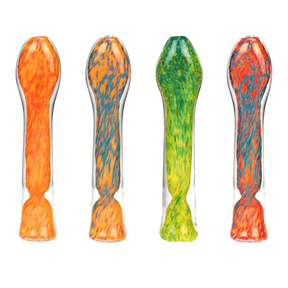 Assorted colors fritted swirl glass chillum pipes with flat mouthpieces, front view