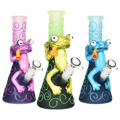 Frog King Beaker Water Pipes in purple, green, blue with 14mm female joint, front view