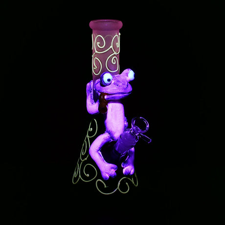 Frog King Beaker Water Pipe, 9.75" tall, 14mm female joint, intricate design, front view on black background