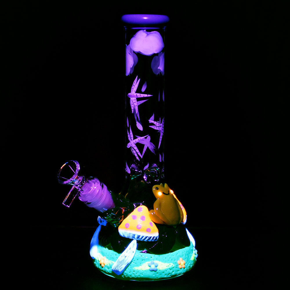 Froggy Friend Fun-guy Beaker Water Pipe with Glow-in-the-Dark Accents, 10" Tall, Front View