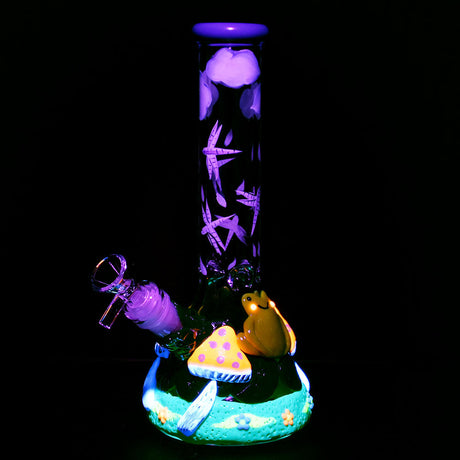 Froggy Friend Fun-guy Beaker Water Pipe with Glow-in-the-Dark Accents, 10" Tall, Front View