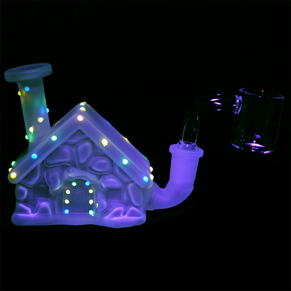 Frosted Christmas House Glass Mini Rig with Glow in Dark Lights - Side View