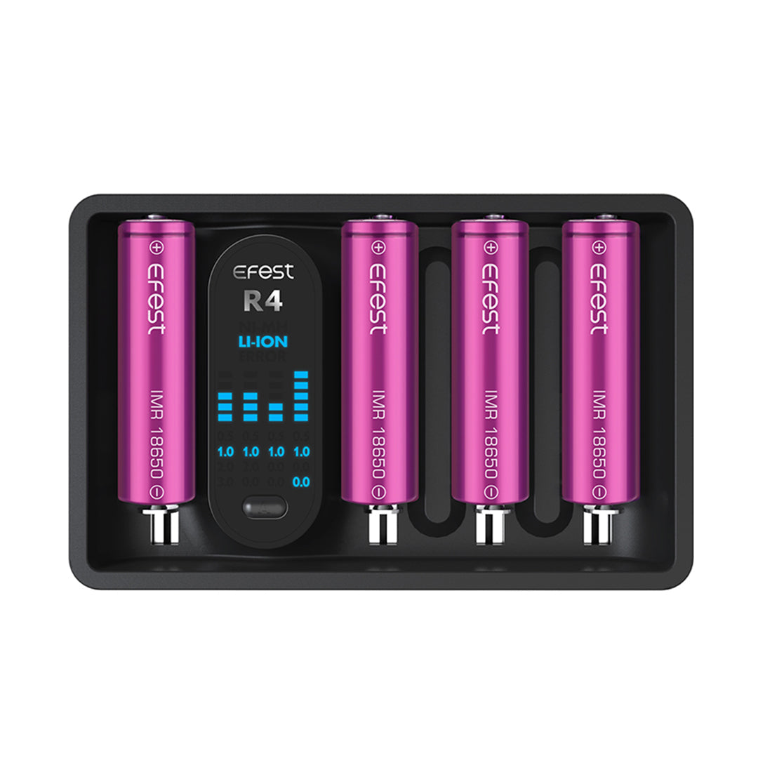 Efest Imate R4 Battery Charger with four slots and digital display, top view on a black background