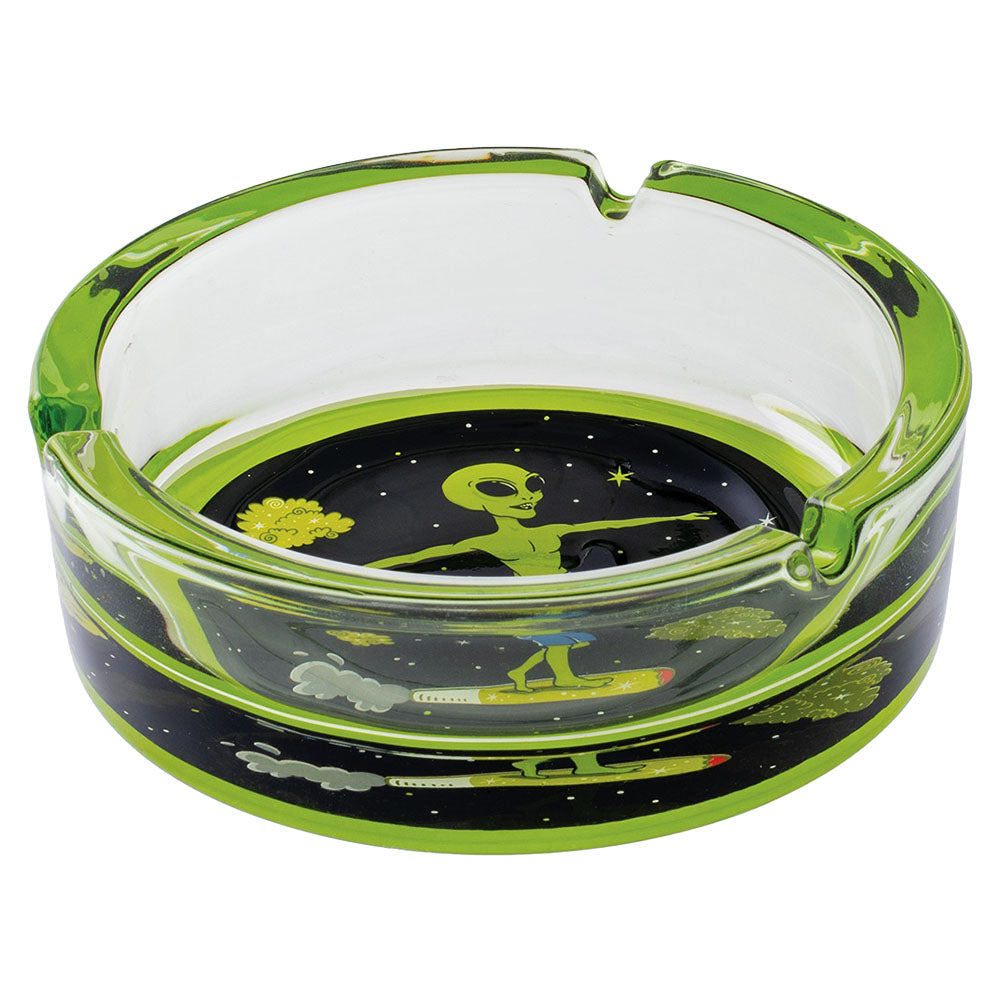 Fujima Alien Surfer Borosilicate Glass Ashtray, Top View with Green Accents