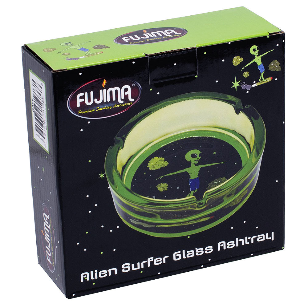 Fujima Alien Surfer Glass Ashtray in packaging, Borosilicate Glass, durable and stylish