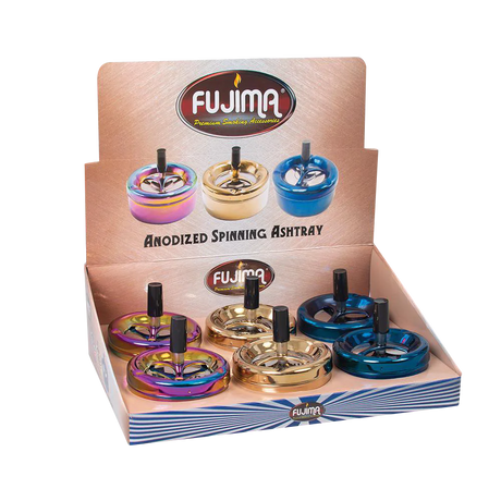 Fujima Anodized Spinning Ashtrays in assorted colors, 6 pack display, easy-clean feature