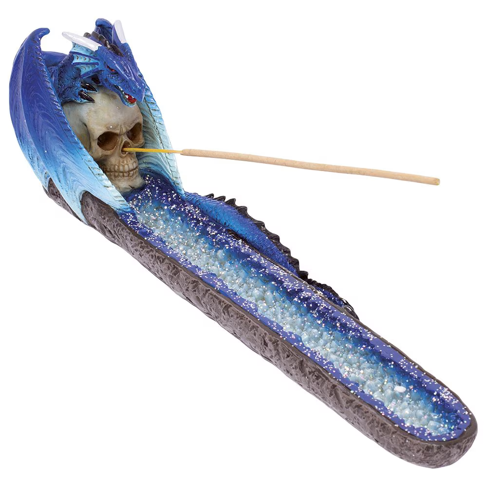 Fujima Blue Dragon on Skull Crystal Incense Burner | 11"