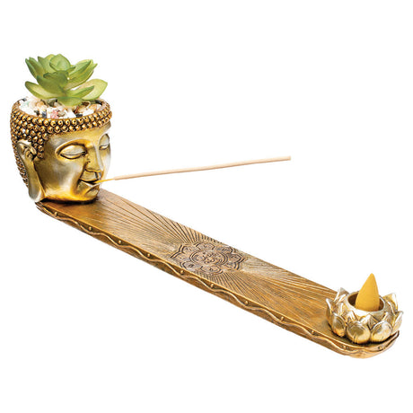 Fujima Buddha Incense Burner with faux plant and space for cone incense, 12.5" polyresin