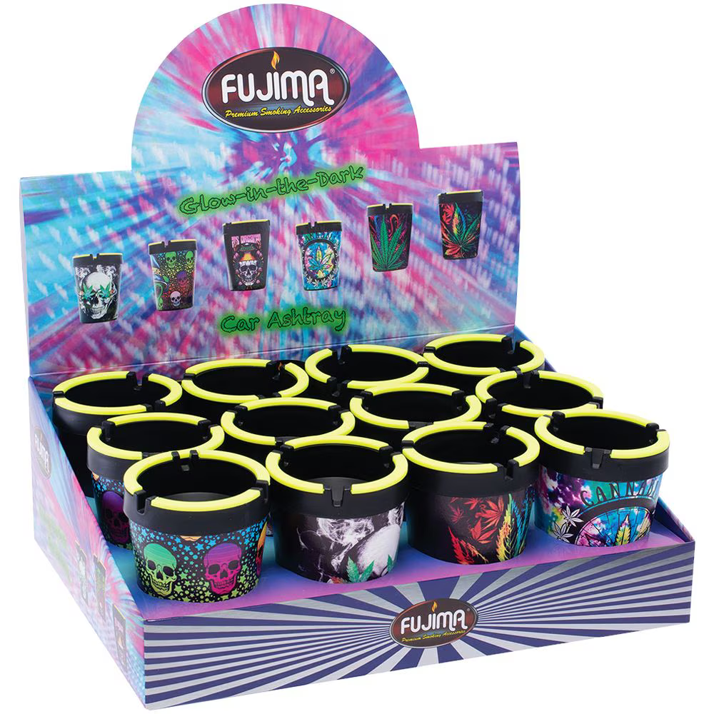 Fujima Car Ashtray | Glow In The Dark Leaf & Skull Assortment | 12ct Display