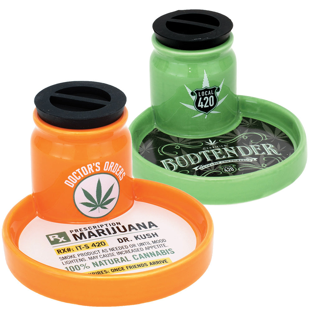 Fujima Ceramic 2 in 1 Airtight Stashtray in Orange and Green, 5"x3" with Prescription and Budtender Design