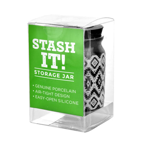 Fujima Ceramic Stash It Jar with aztec pattern, air-tight silicone lid, front view in clear packaging