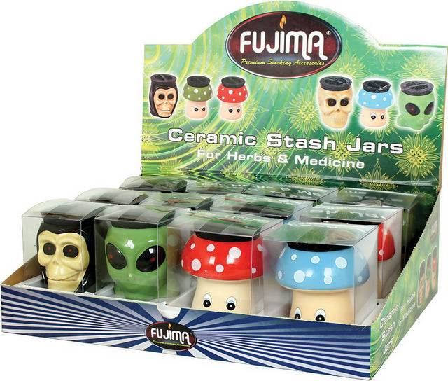 Fujima Ceramic Stash Jar 12 Pack in various designs displayed in open box packaging