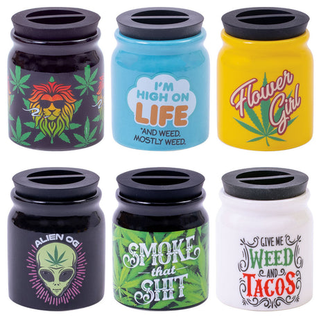 Fujima Ceramic Storage Jars - 12 Pack with Various Cannabis-Themed Designs - Front View