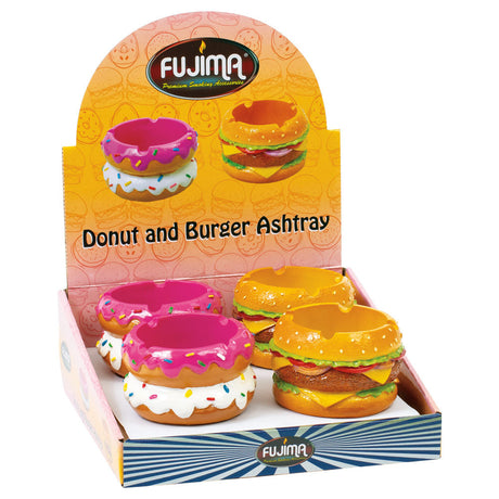 Fujima 4-Pack Donut and Burger Polyresin Ashtrays Displayed in Box, Colorful Novelty Design