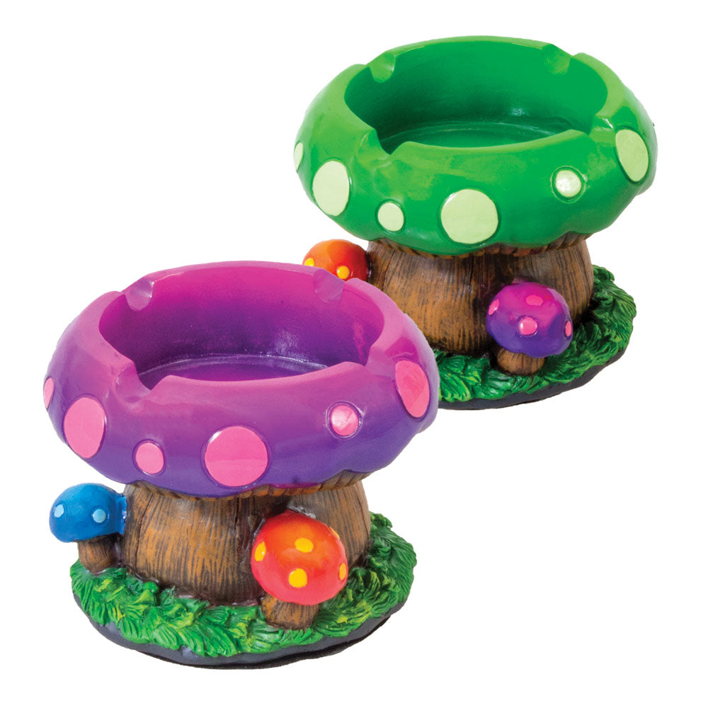Fujima Fairytale Mushroom Ashtrays in purple and green with whimsical design, front view on white background