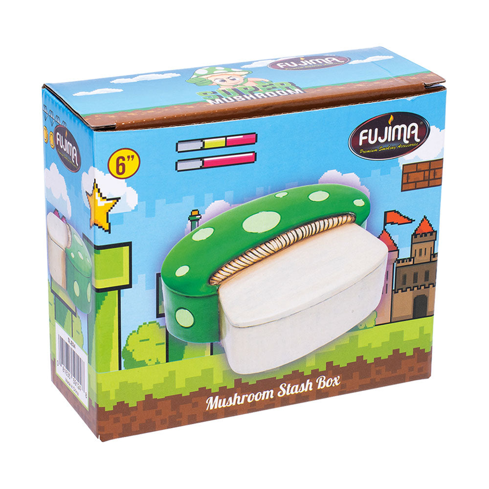 Fujima Gamer Mushroom Polyresin Stash Box packaged, 6" size, front view on white background