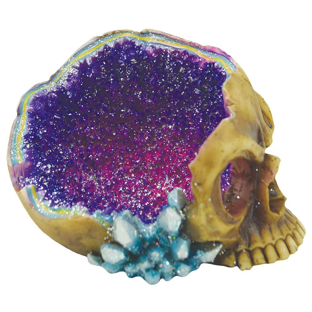 Fujima Geode Skull Polyresin Ashtray with Sparkling Purple Interior - Side View