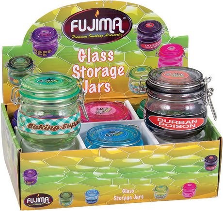 Assorted colors Fujima glass stash jars 6-pack, airtight seal for dry herbs, displayed in box