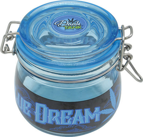 Fujima Glass Stash Jar with secure clasp lid, blue tinted, labeled "PURE DREAM" for dry herbs storage