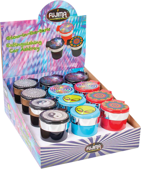 Fujima Glow Car Ashtrays with colorful lids on display in a 12 pack box, ideal for travel use.