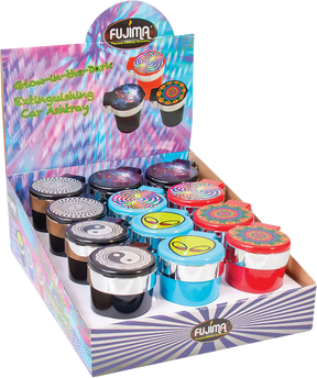 Fujima Glow Car Ashtrays with colorful lids on display in a 12 pack box, ideal for travel use.
