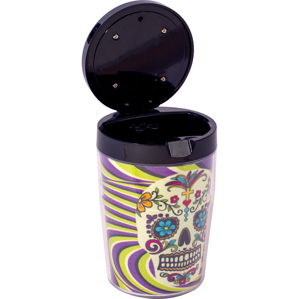 Fujima Glow Car Ashtray with Lid, 4.5" featuring vibrant skull design, perfect for travel