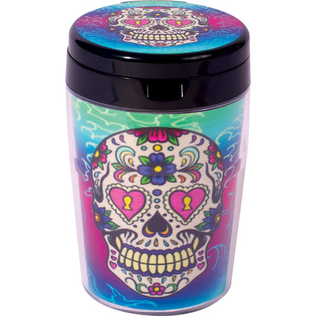 Fujima Glow Car Ashtray with colorful sugar skull design, 4.5" height, with lid, front view