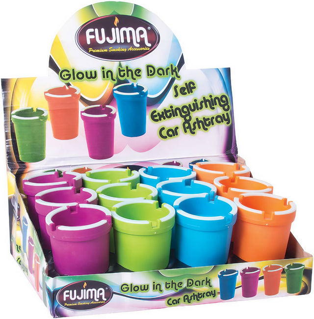 Fujima Glow in the Dark Self Extinguishing Ashtrays, 12 Pack, Assorted Colors, Front View