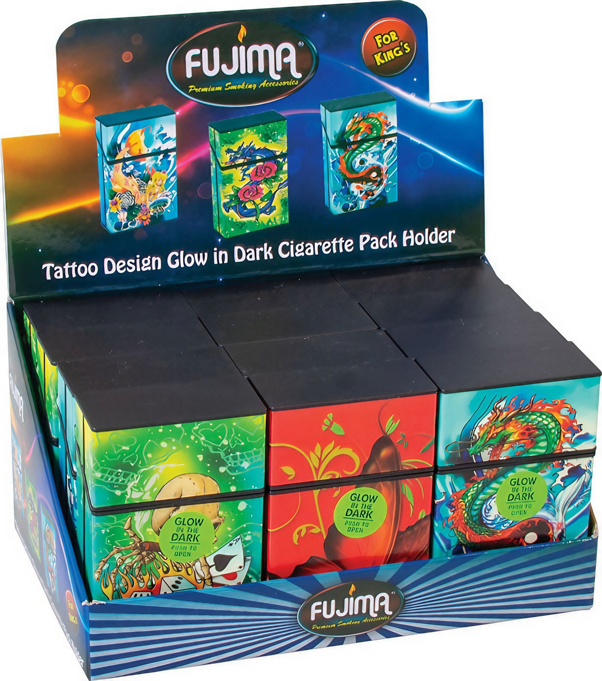 Fujima Glow Tattoo Cigarette Cases, 12-Pack display box with vibrant tattoo designs