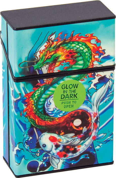 Fujima Glow Tattoo Cigarette Case with vibrant koi fish design, glows in dark, king size, front view
