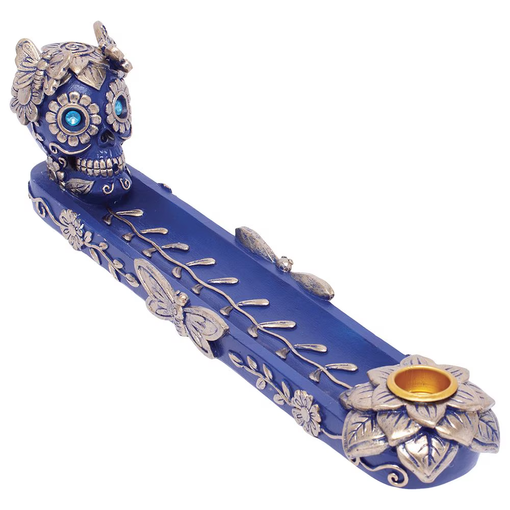 Fujima Golden Blue Skull & Butterfly Incense Burner | 11"