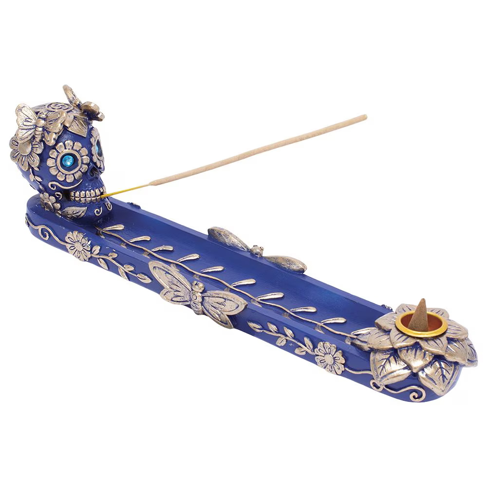 Fujima Golden Blue Skull & Butterfly Incense Burner | 11"