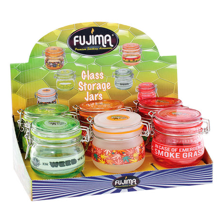 Fujima hemp leaf design glass storage jars on display, assorted colors, front view