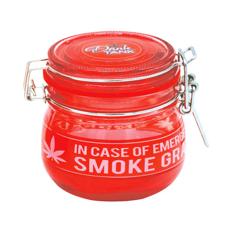 Fujima red glass storage jar with hemp leaf design and clamp lid, front view on white background