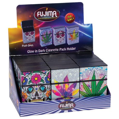 Fujima Hemp & Skulls Cig Case 12 Pack display with colorful designs, front view