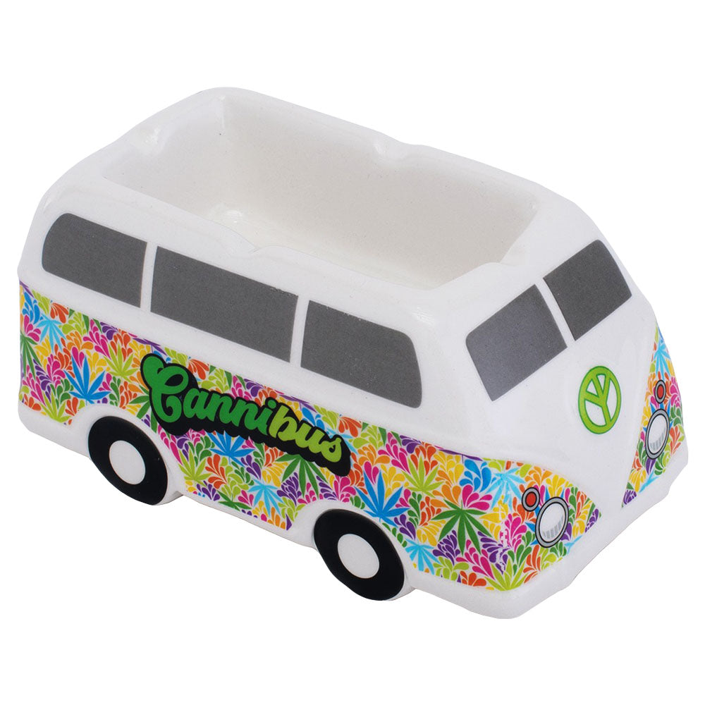 Fujima Hippie Bus Ceramic Ashtray with colorful floral and peace sign design, 5.5" x 3" top view