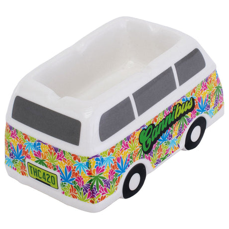 Fujima Hippie Bus Ceramic Ashtray with colorful floral design, 5.5" x 3", angled view